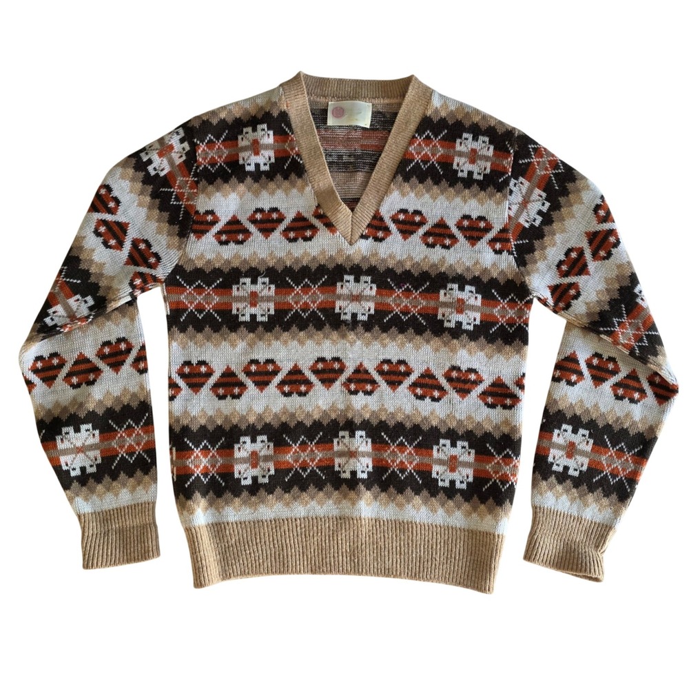 Vintage 70s Sears Kings Road Fair Isle V Neck Sweater Mens S Brown Geometric